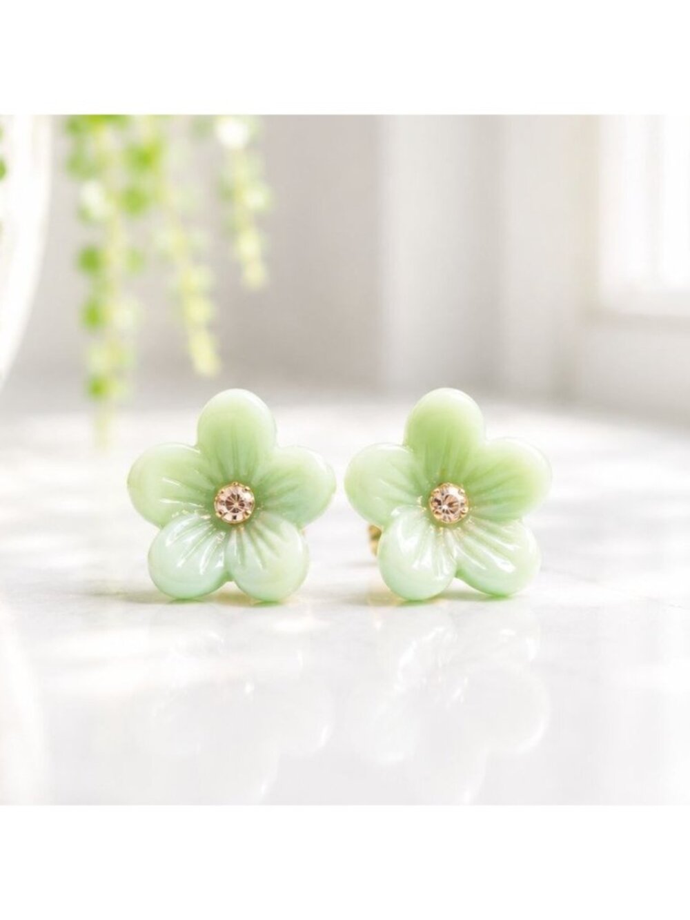 Green Floral Stud Earrings With Rhinestone Center Gold-Tone Backing Delicate Des